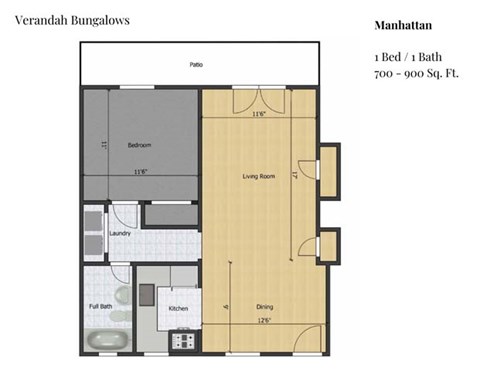 Floor plan for 1 bed, 1 bath, 700 sqft